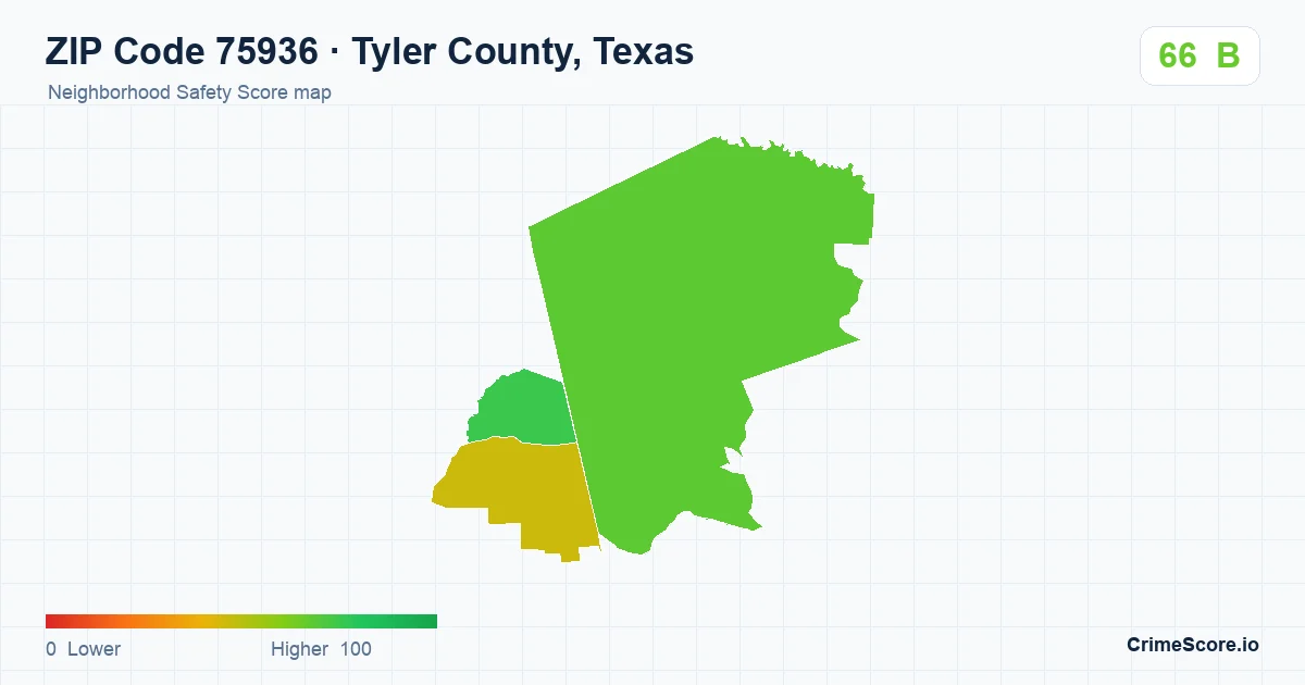 ZIP Code 75936 in Tyler County, Texas neighborhood Safety Score map
