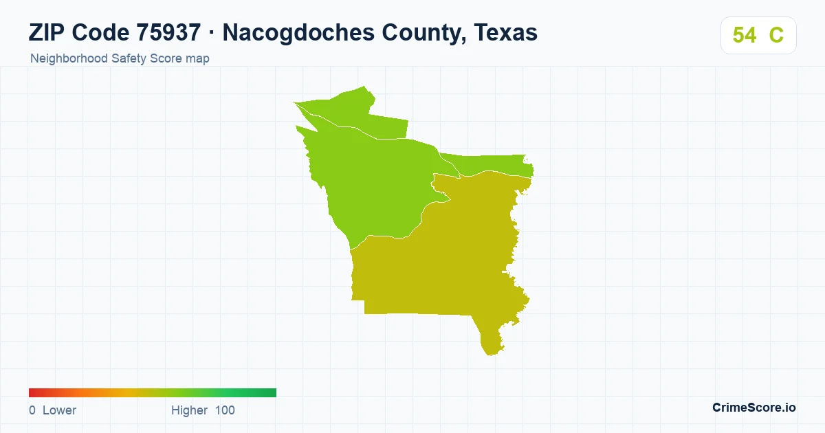 ZIP Code 75937 in Nacogdoches County, Texas neighborhood Safety Score map