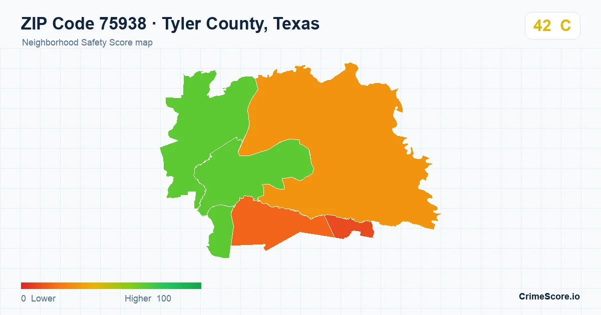 ZIP Code 75938 in Tyler County, Texas neighborhood Safety Score map