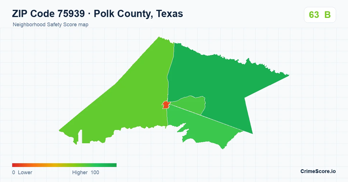 ZIP Code 75939 in Polk County, Texas neighborhood Safety Score map