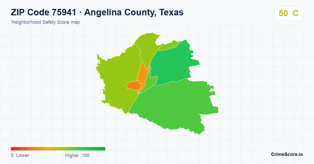 ZIP Code 75941 in Angelina County, Texas neighborhood Safety Score map