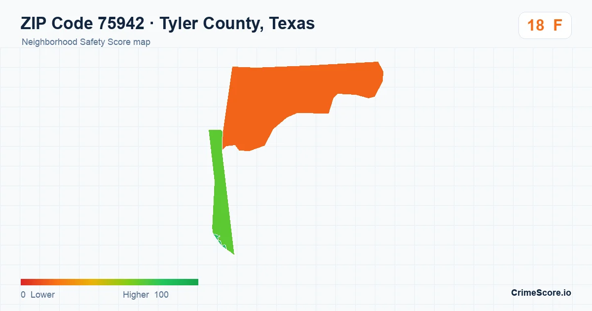 ZIP Code 75942 in Tyler County, Texas neighborhood Safety Score map