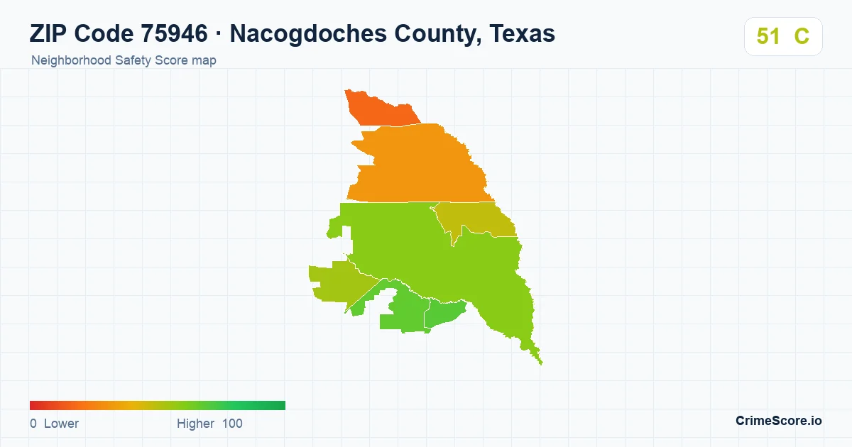 ZIP Code 75946 in Nacogdoches County, Texas neighborhood Safety Score map