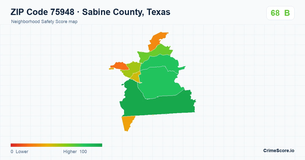 ZIP Code 75948 in Sabine County, Texas neighborhood Safety Score map