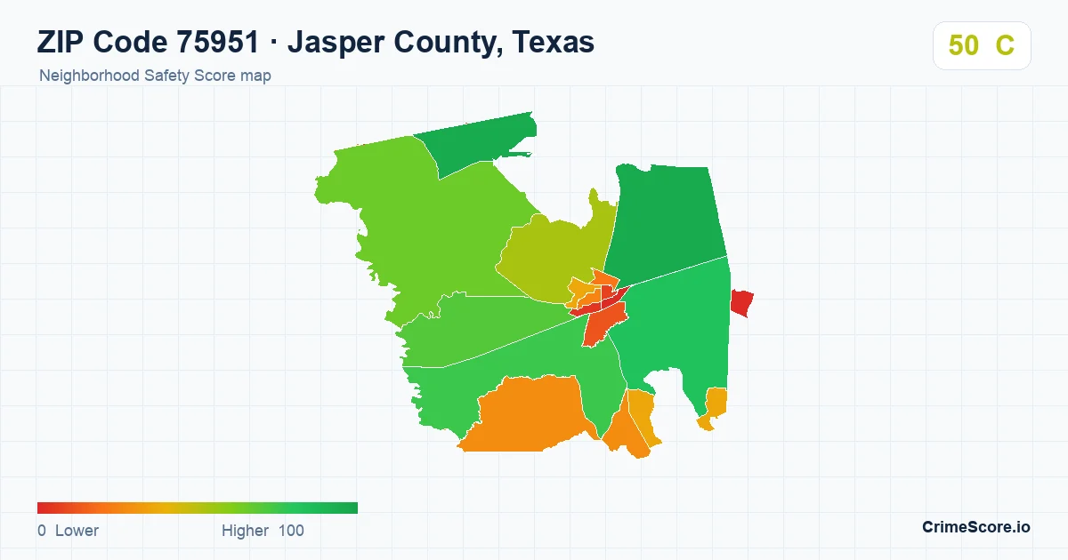 ZIP Code 75951 in Jasper County, Texas neighborhood Safety Score map