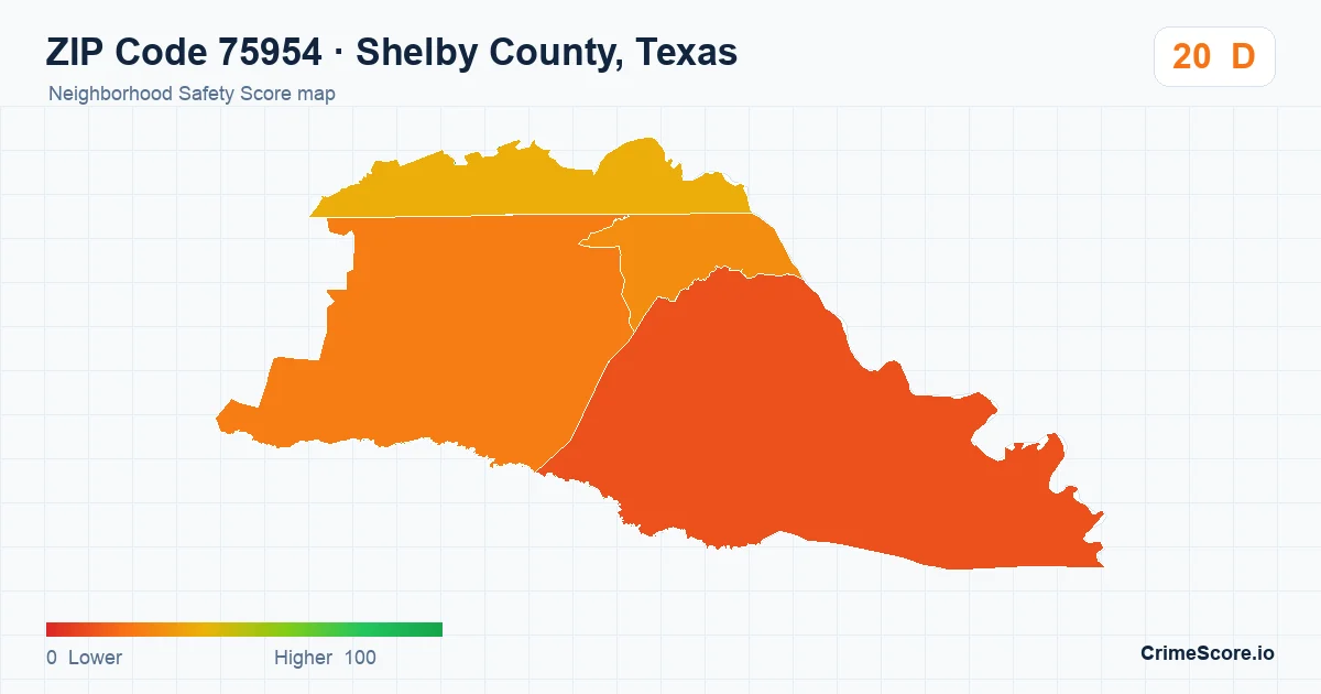 ZIP Code 75954 in Shelby County, Texas neighborhood Safety Score map