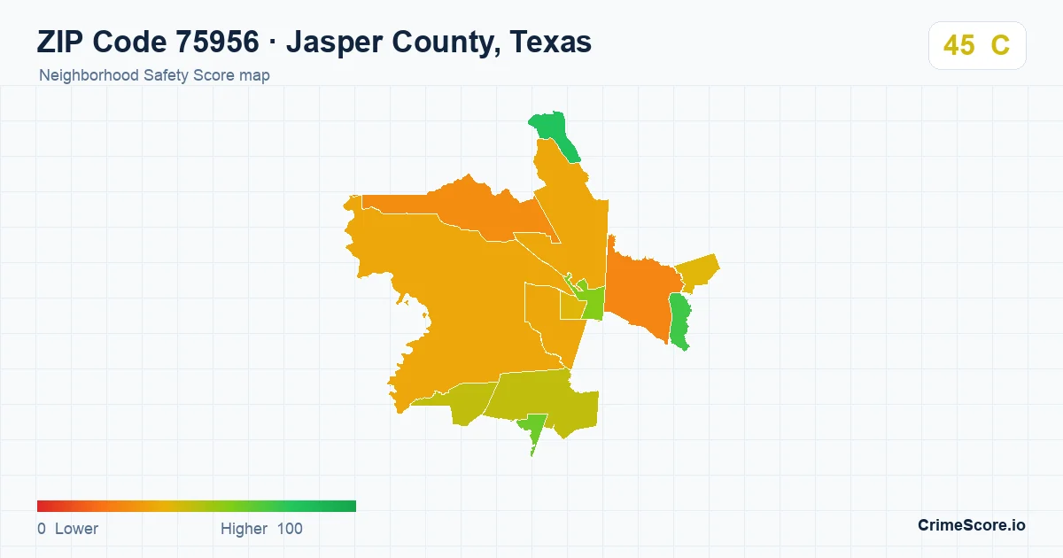 ZIP Code 75956 in Jasper County, Texas neighborhood Safety Score map