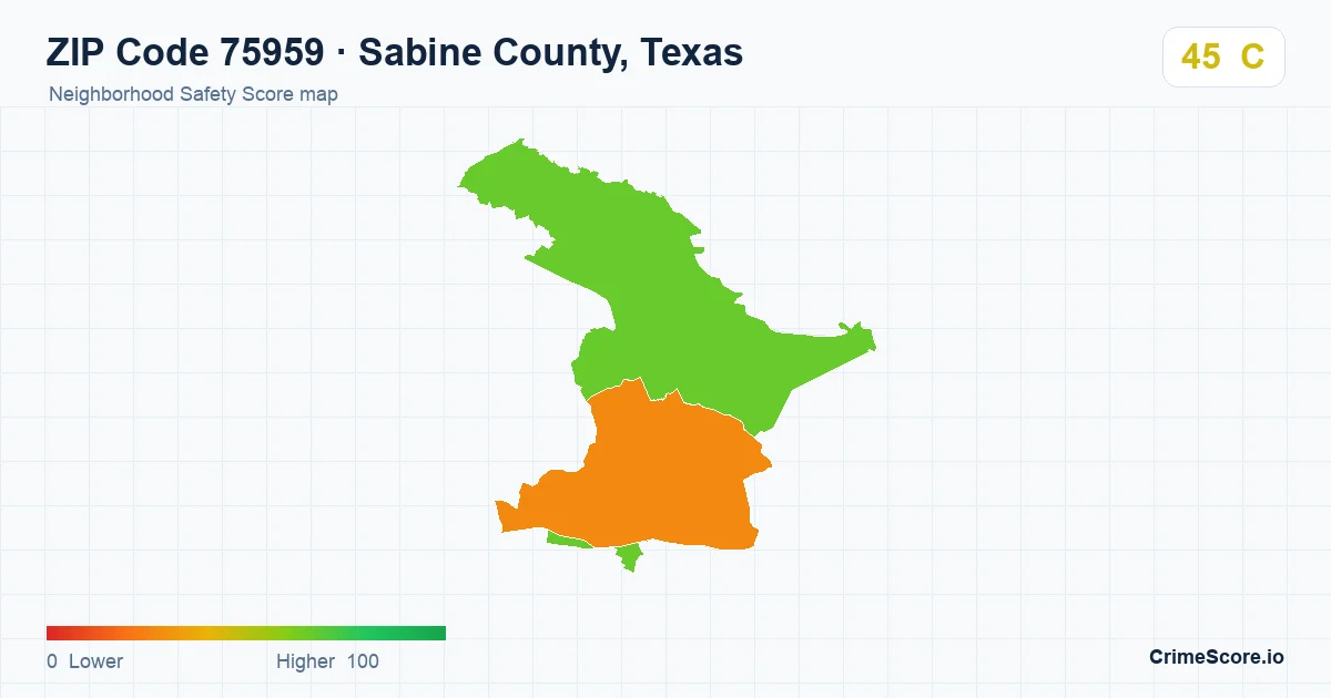 ZIP Code 75959 in Sabine County, Texas neighborhood Safety Score map