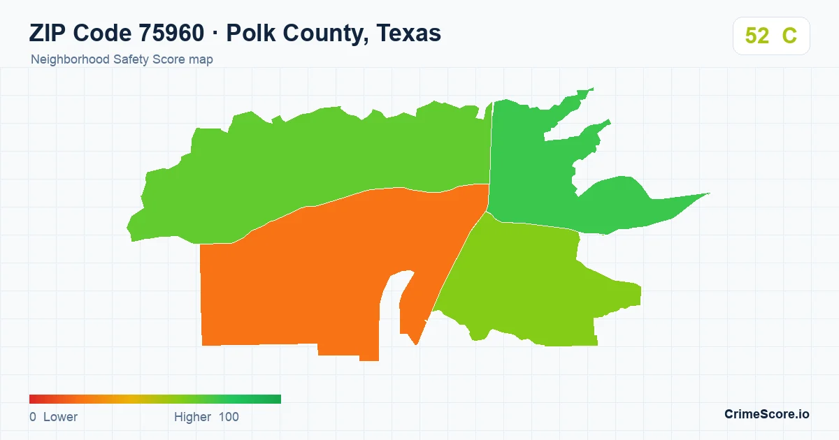 ZIP Code 75960 in Polk County, Texas neighborhood Safety Score map