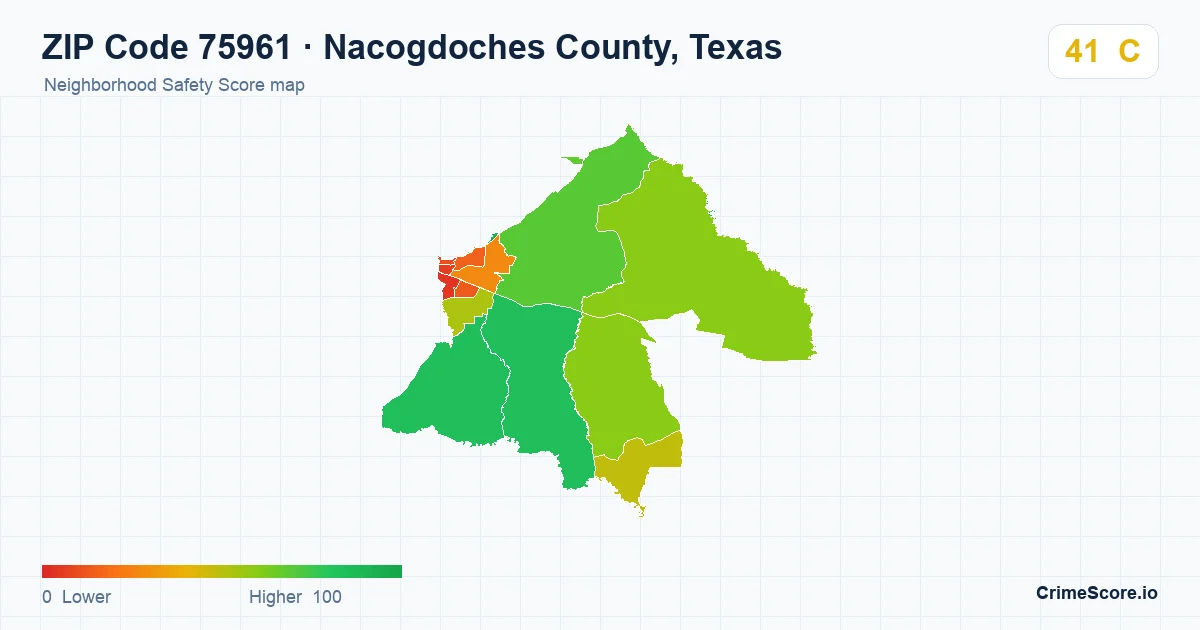 ZIP Code 75961 in Nacogdoches County, Texas neighborhood Safety Score map