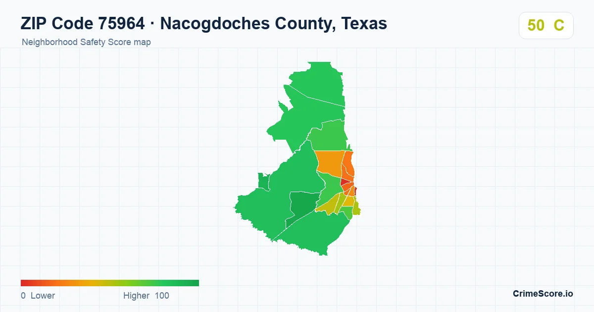 ZIP Code 75964 in Nacogdoches County, Texas neighborhood Safety Score map