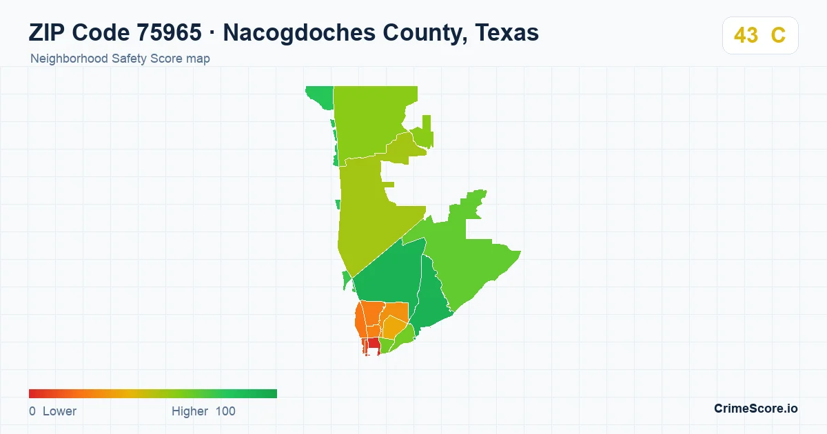 ZIP Code 75965 in Nacogdoches County, Texas neighborhood Safety Score map