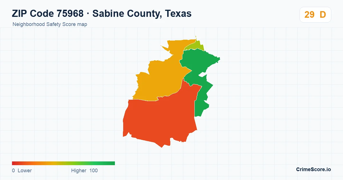 ZIP Code 75968 in Sabine County, Texas neighborhood Safety Score map