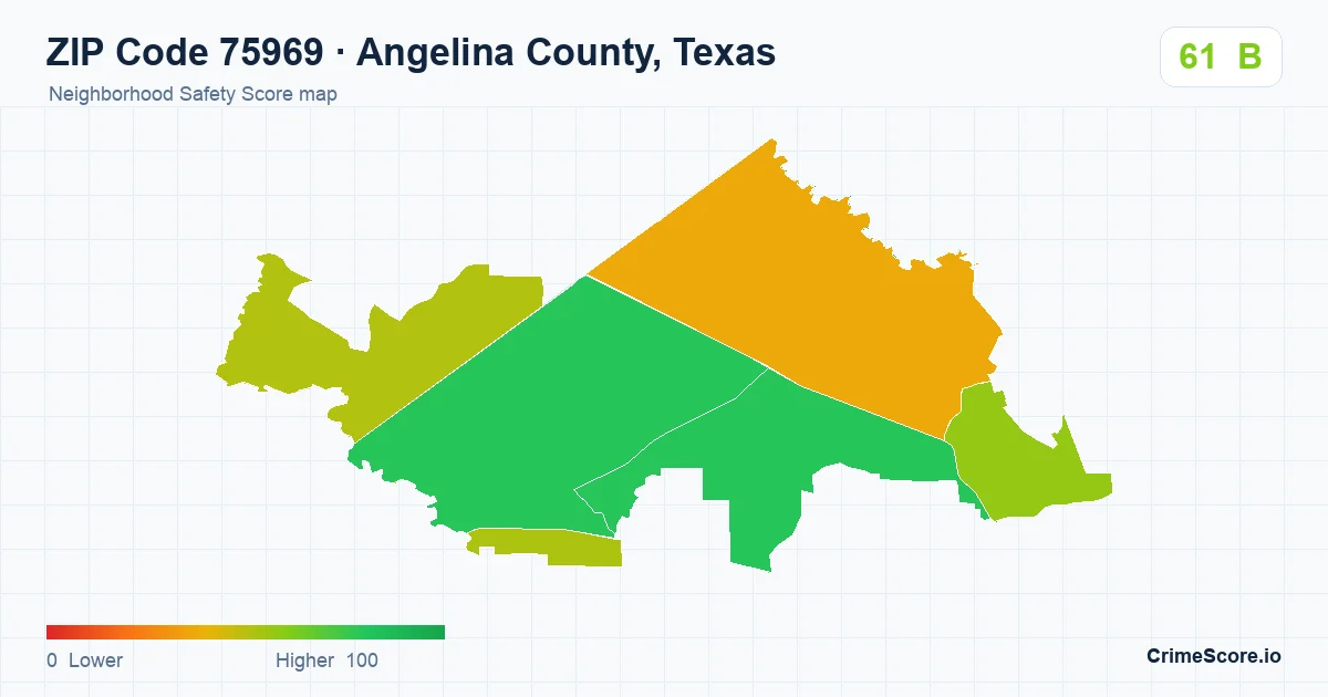 ZIP Code 75969 in Angelina County, Texas neighborhood Safety Score map