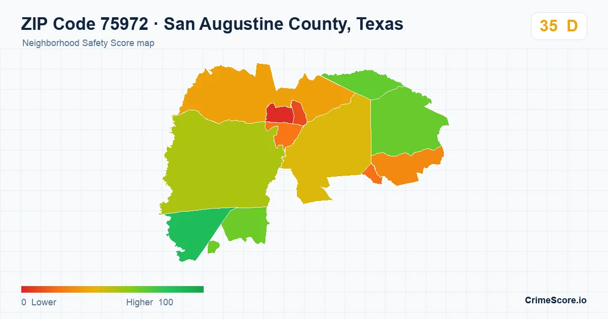 ZIP Code 75972 in San Augustine County, Texas neighborhood Safety Score map
