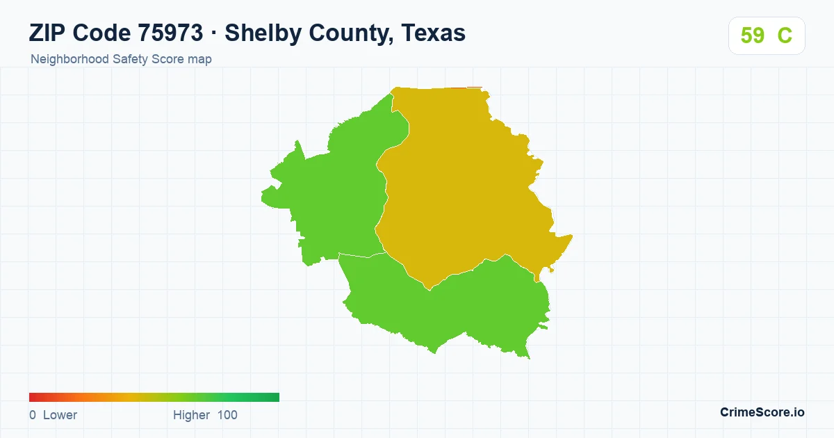 ZIP Code 75973 in Shelby County, Texas neighborhood Safety Score map