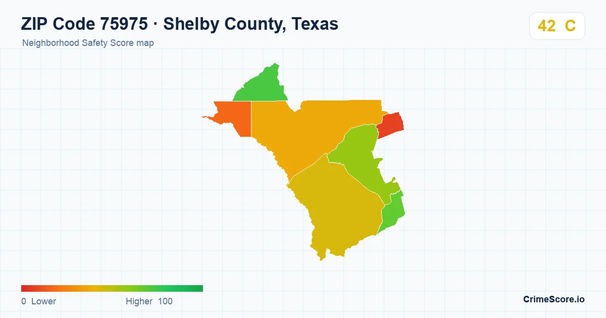 ZIP Code 75975 in Shelby County, Texas neighborhood Safety Score map