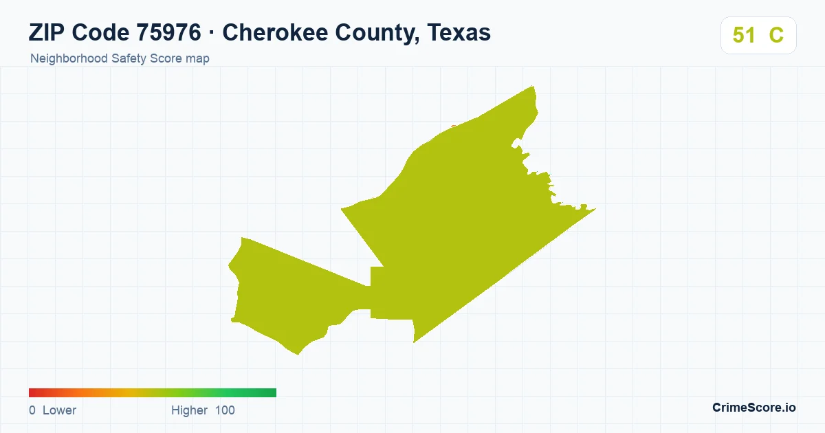 ZIP Code 75976 in Cherokee County, Texas neighborhood Safety Score map