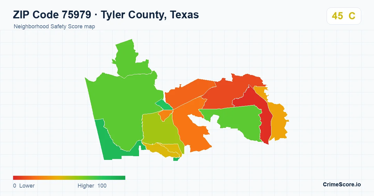 ZIP Code 75979 in Tyler County, Texas neighborhood Safety Score map