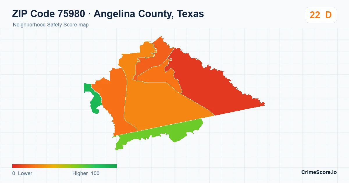 ZIP Code 75980 in Angelina County, Texas neighborhood Safety Score map