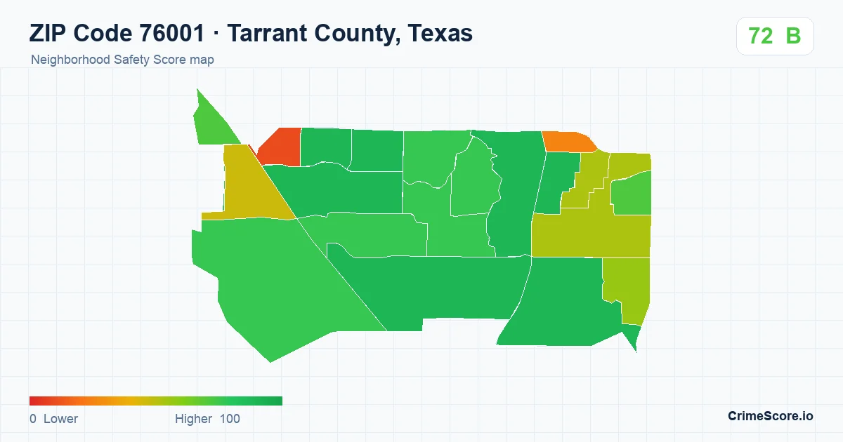 ZIP Code 76001 in Tarrant County, Texas neighborhood Safety Score map