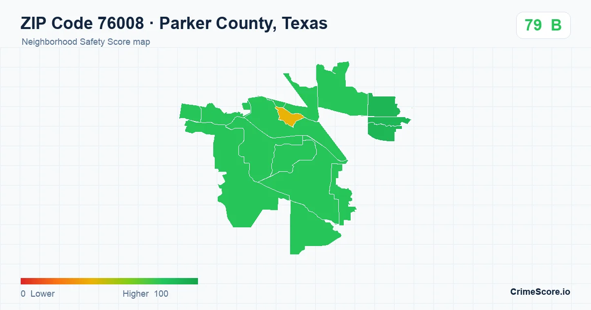 ZIP Code 76008 in Parker County, Texas neighborhood Safety Score map