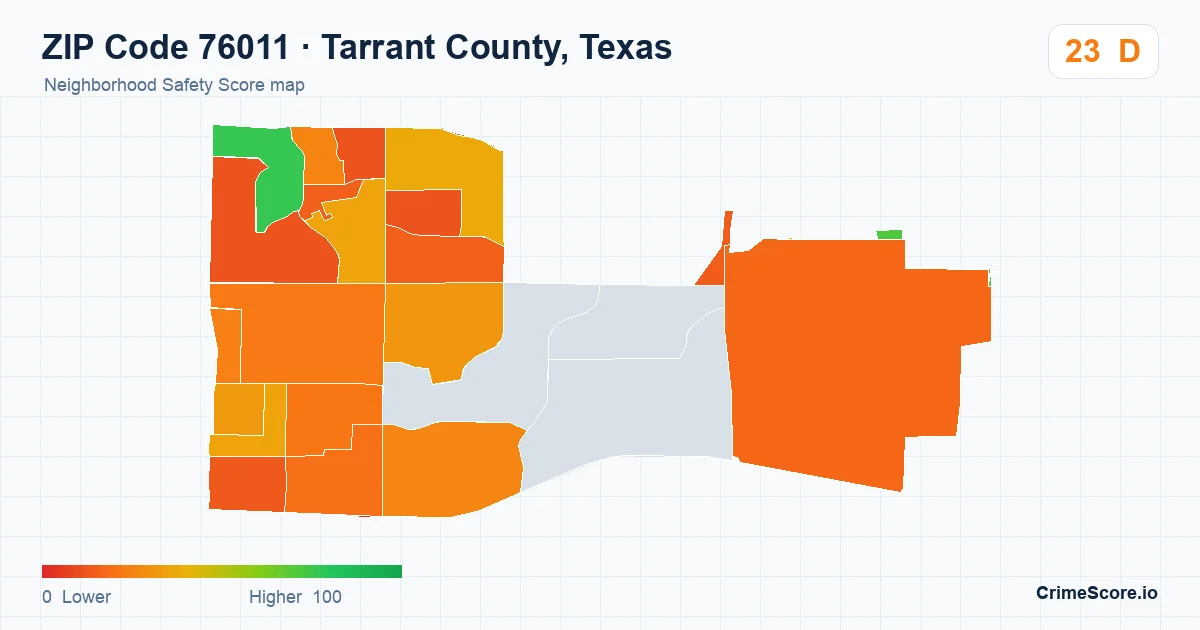 ZIP Code 76011 in Tarrant County, Texas neighborhood Safety Score map