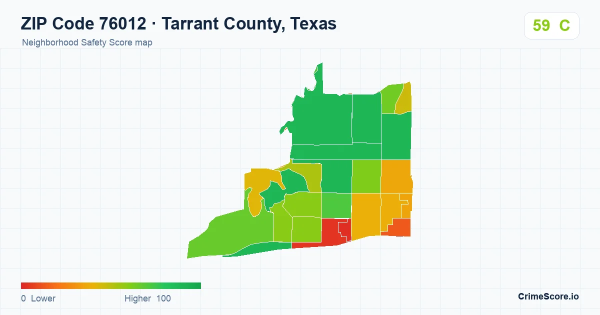 ZIP Code 76012 in Tarrant County, Texas neighborhood Safety Score map