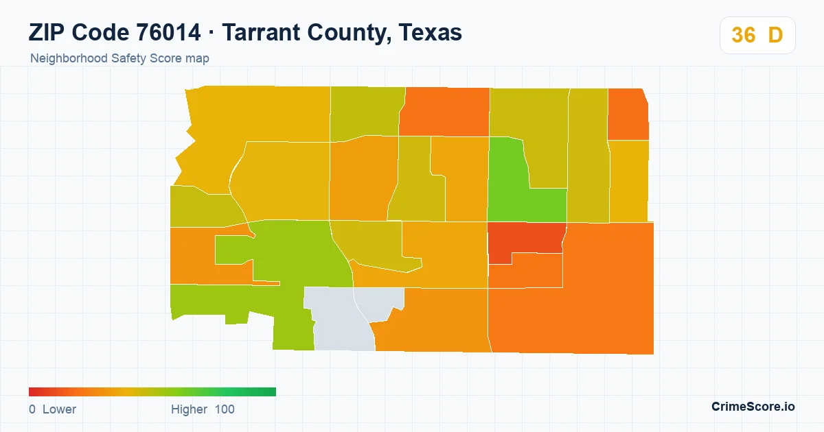 ZIP Code 76014 in Tarrant County, Texas neighborhood Safety Score map