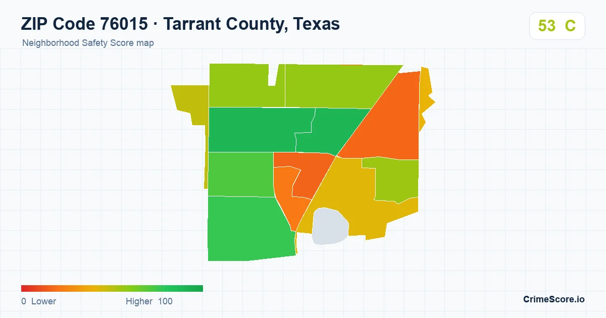 ZIP Code 76015 in Tarrant County, Texas neighborhood Safety Score map