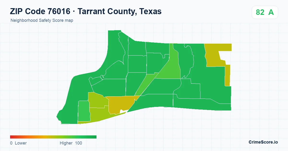 ZIP Code 76016 in Tarrant County, Texas neighborhood Safety Score map