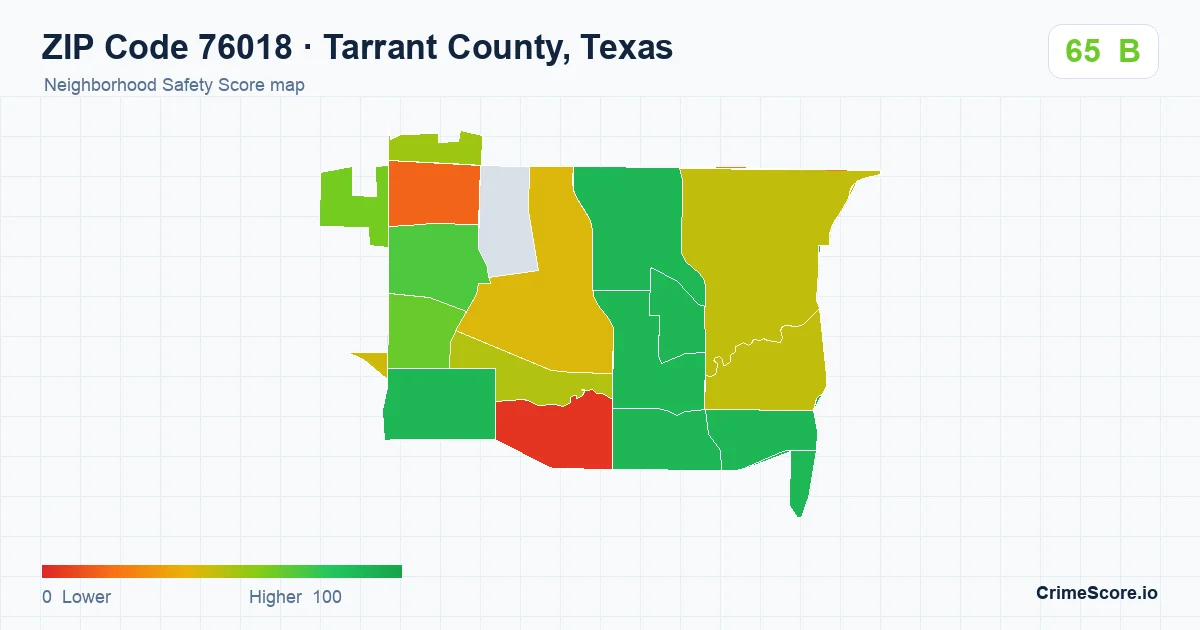 ZIP Code 76018 in Tarrant County, Texas neighborhood Safety Score map