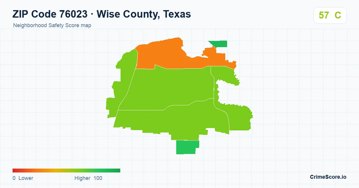ZIP Code 76023 in Wise County, Texas neighborhood Safety Score map