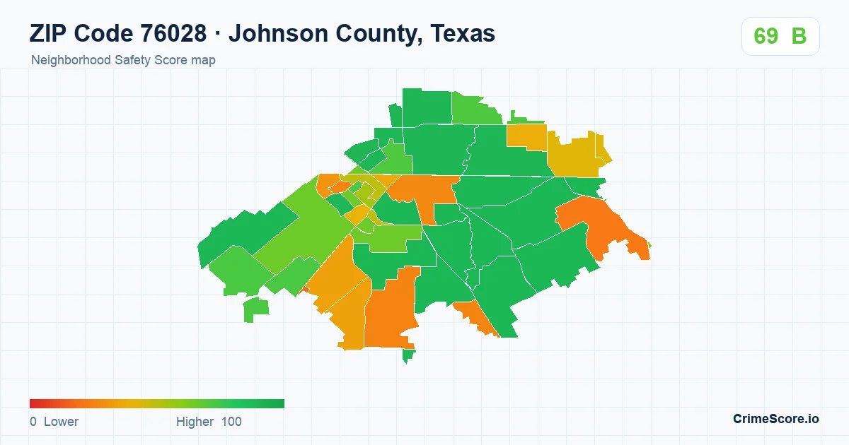 ZIP Code 76028 in Johnson County, Texas neighborhood Safety Score map