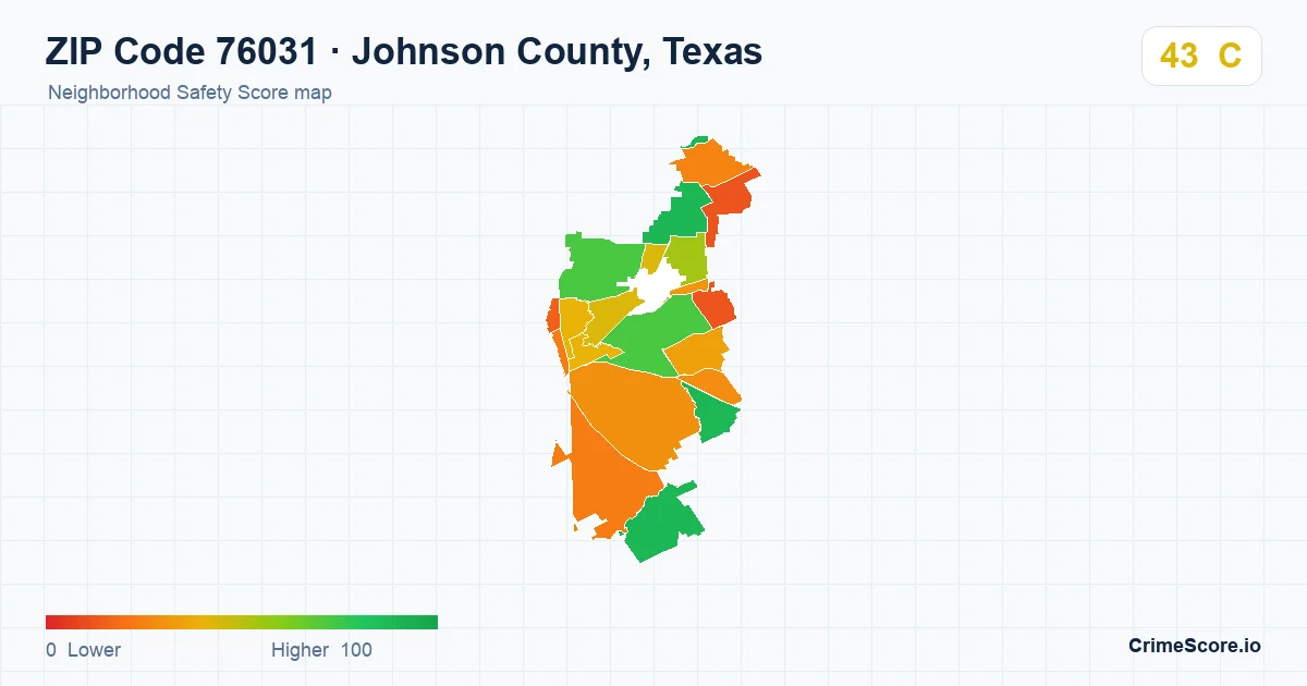 ZIP Code 76031 in Johnson County, Texas neighborhood Safety Score map