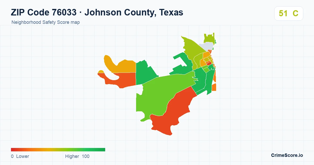 ZIP Code 76033 in Johnson County, Texas neighborhood Safety Score map