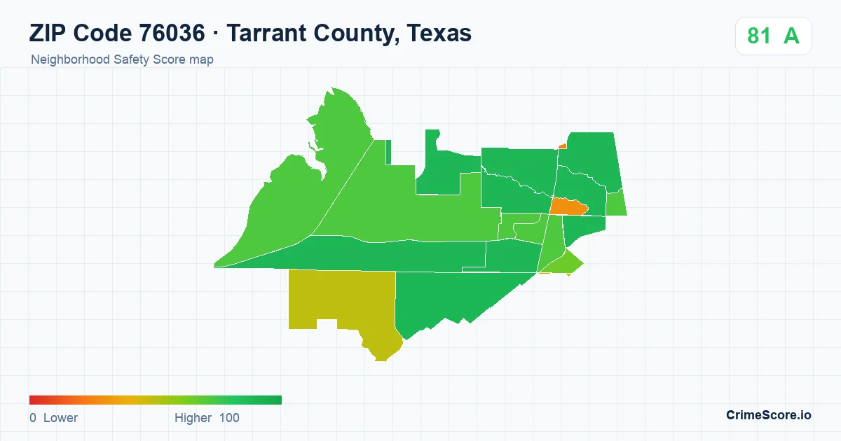 ZIP Code 76036 in Tarrant County, Texas neighborhood Safety Score map