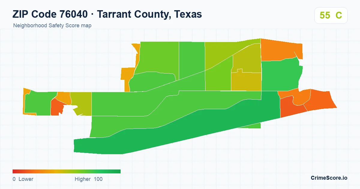 ZIP Code 76040 in Tarrant County, Texas neighborhood Safety Score map