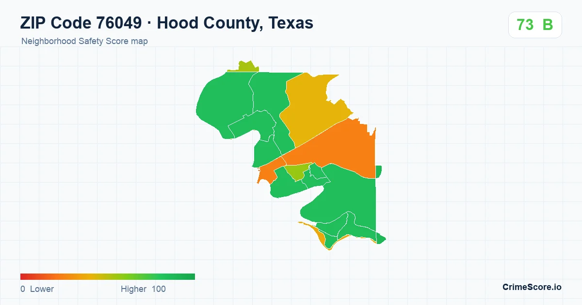 ZIP Code 76049 in Hood County, Texas neighborhood Safety Score map