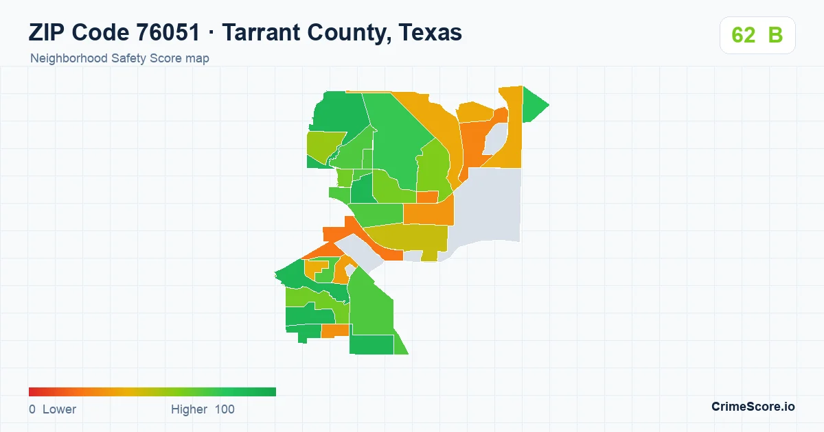 ZIP Code 76051 in Tarrant County, Texas neighborhood Safety Score map