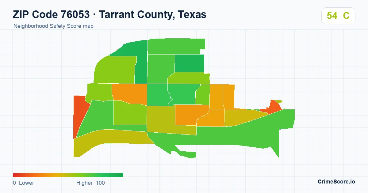 ZIP Code 76053 in Tarrant County, Texas neighborhood Safety Score map