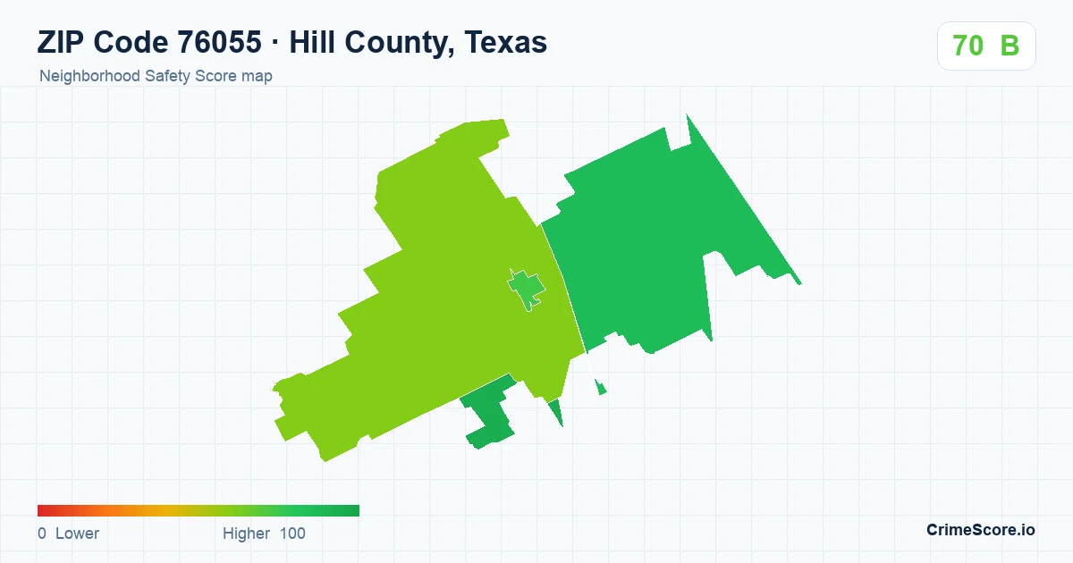 ZIP Code 76055 in Hill County, Texas neighborhood Safety Score map