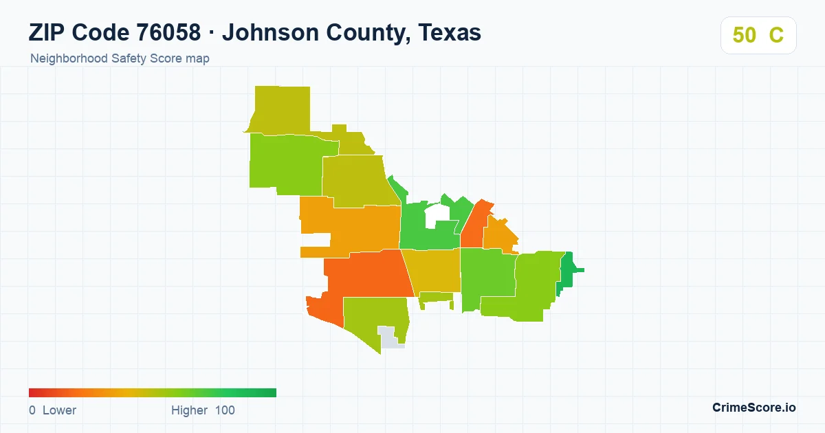 ZIP Code 76058 in Johnson County, Texas neighborhood Safety Score map