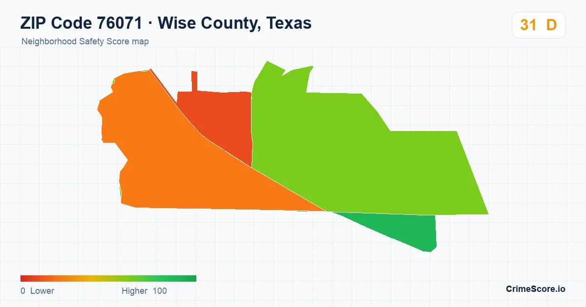 ZIP Code 76071 in Wise County, Texas neighborhood Safety Score map