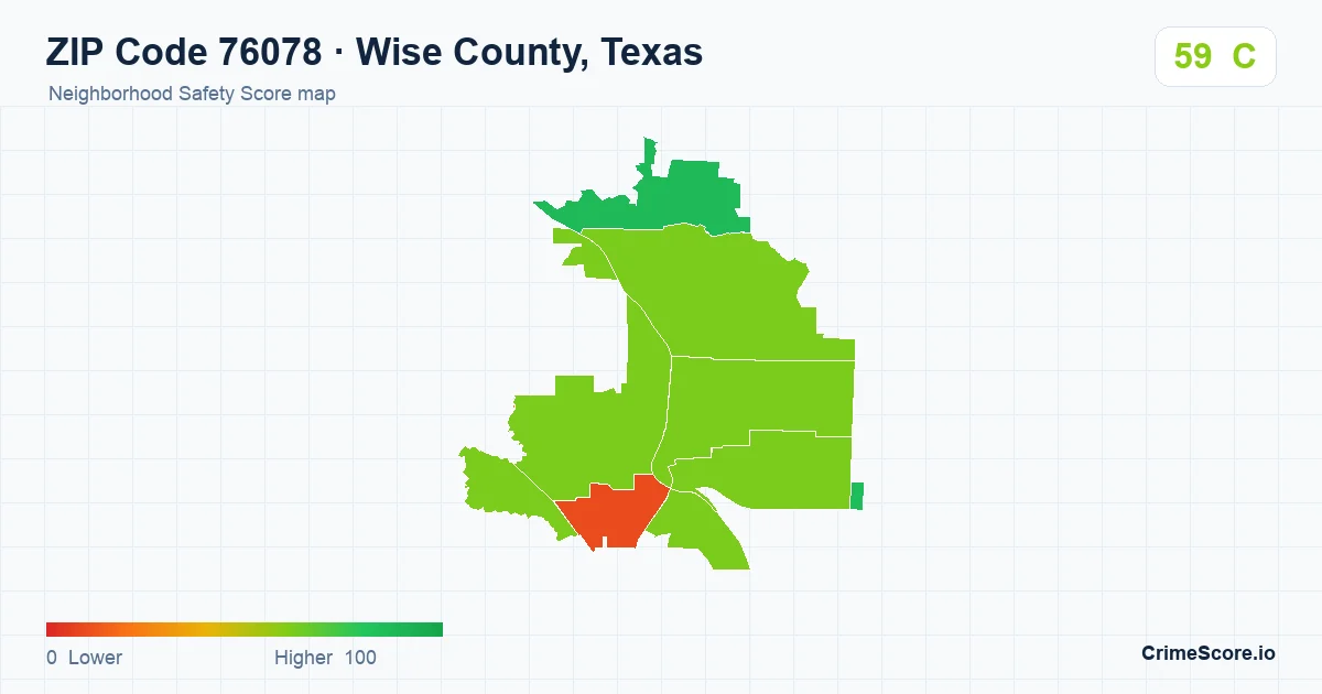 ZIP Code 76078 in Wise County, Texas neighborhood Safety Score map