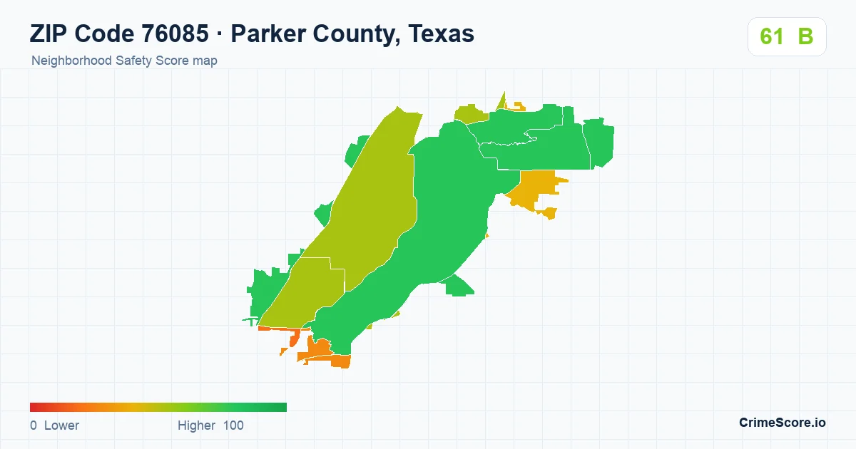 ZIP Code 76085 in Parker County, Texas neighborhood Safety Score map