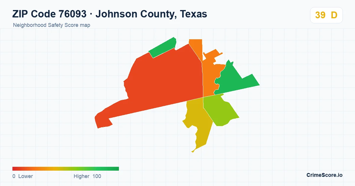 ZIP Code 76093 in Johnson County, Texas neighborhood Safety Score map