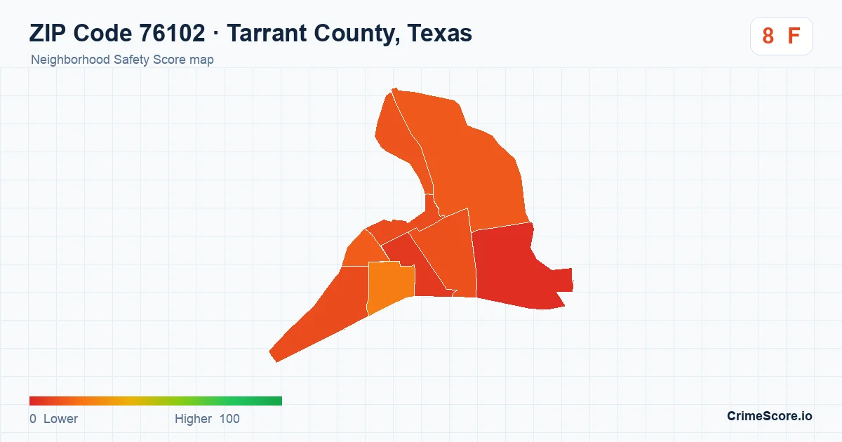 ZIP Code 76102 in Tarrant County, Texas neighborhood Safety Score map