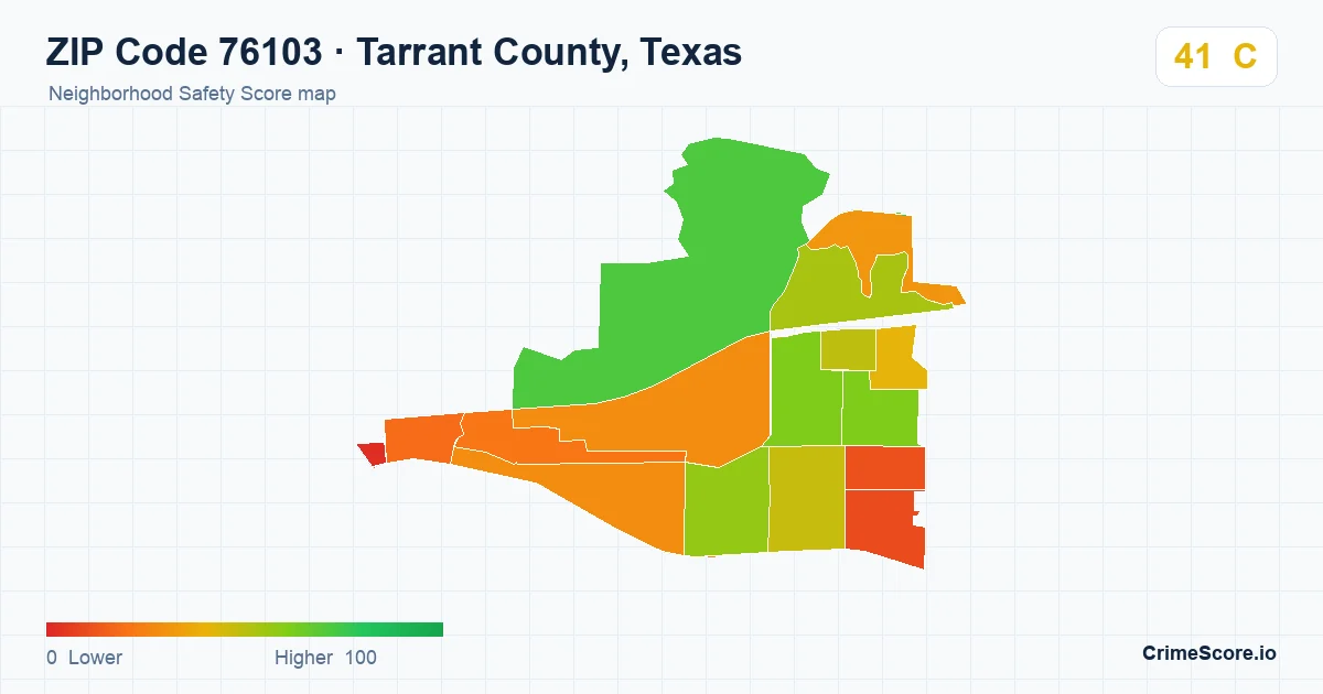 ZIP Code 76103 in Tarrant County, Texas neighborhood Safety Score map