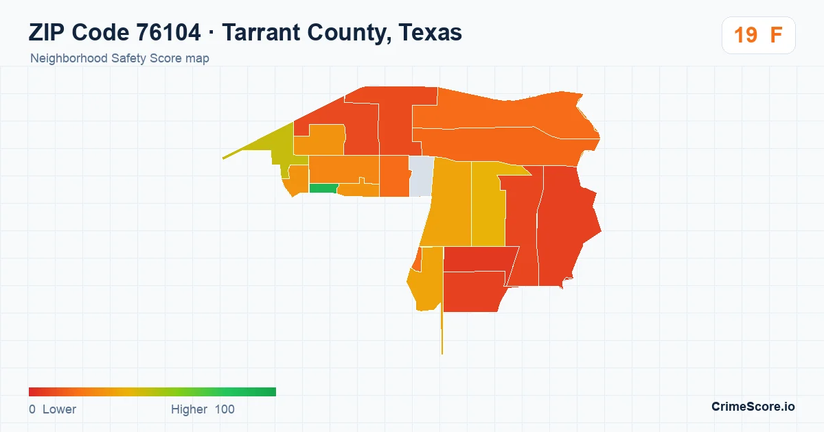 ZIP Code 76104 in Tarrant County, Texas neighborhood Safety Score map